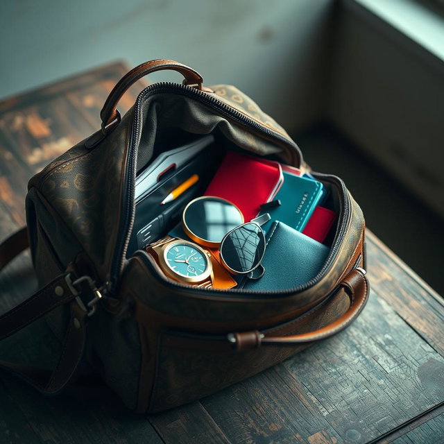 A captivating image showcasing a stylish bag opened slightly, revealing an assortment of colorful personal items spilling out