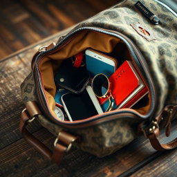 A captivating image showcasing a stylish bag opened slightly, revealing an assortment of colorful personal items spilling out