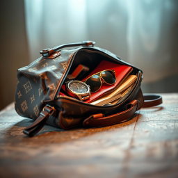 A captivating image showcasing a stylish bag opened slightly, revealing an assortment of colorful personal items spilling out