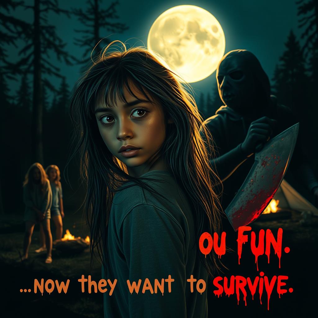 A scared girl in the center, looking back over her shoulder with large expressive amber eyes, luscious glowing lips, long messy hair, and a small cut on her face