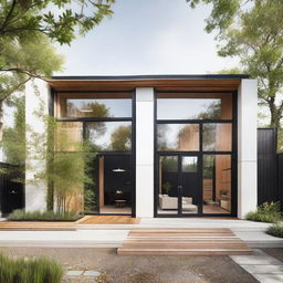 An exposed front view of a Scandinavian industrial style house incorporating bamboo elements. The design displays a minimalist structure with white walls, dark metal frames, raw industrial features, and sizeable glass windows. The bamboo elements shine in fences, decorative highlights and surrounding landscaping.