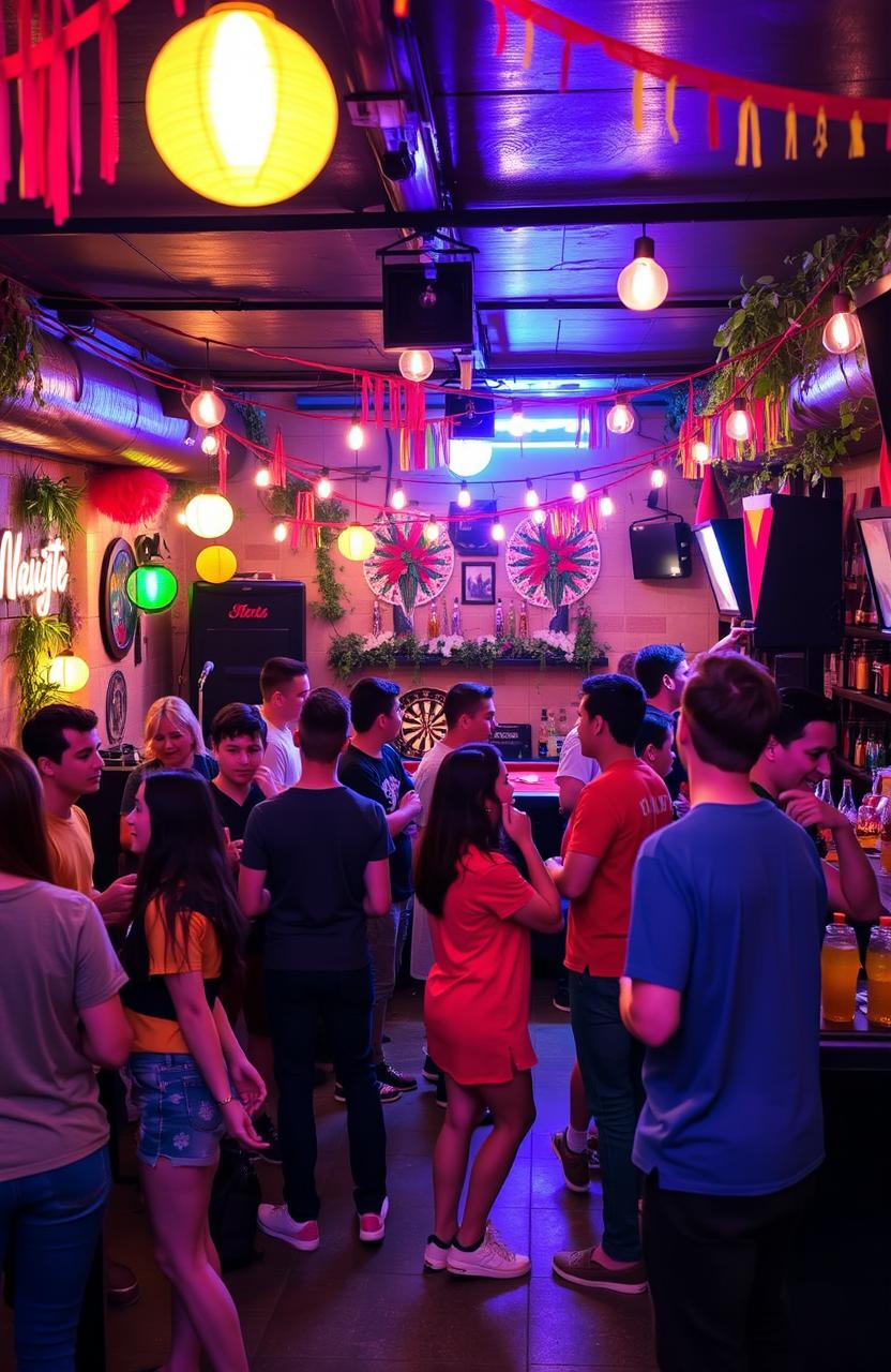 A vibrant scene of a club at an Ateneísta hostel featuring youthful people socializing and enjoying themselves