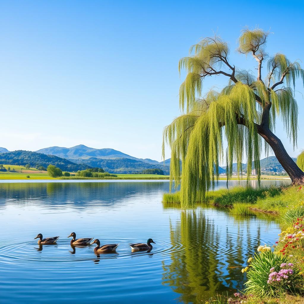 A serene landscape featuring a tranquil lake reflecting a clear blue sky, surrounded by lush greenery and a few gentle rolling hills in the background
