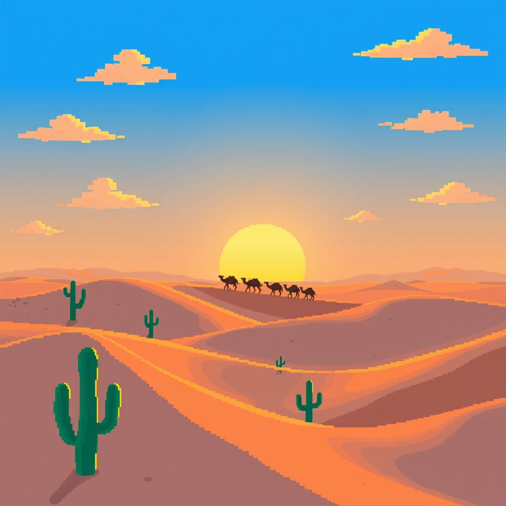 A vibrant pixel art desert landscape featuring rolling sand dunes under a bright blue sky