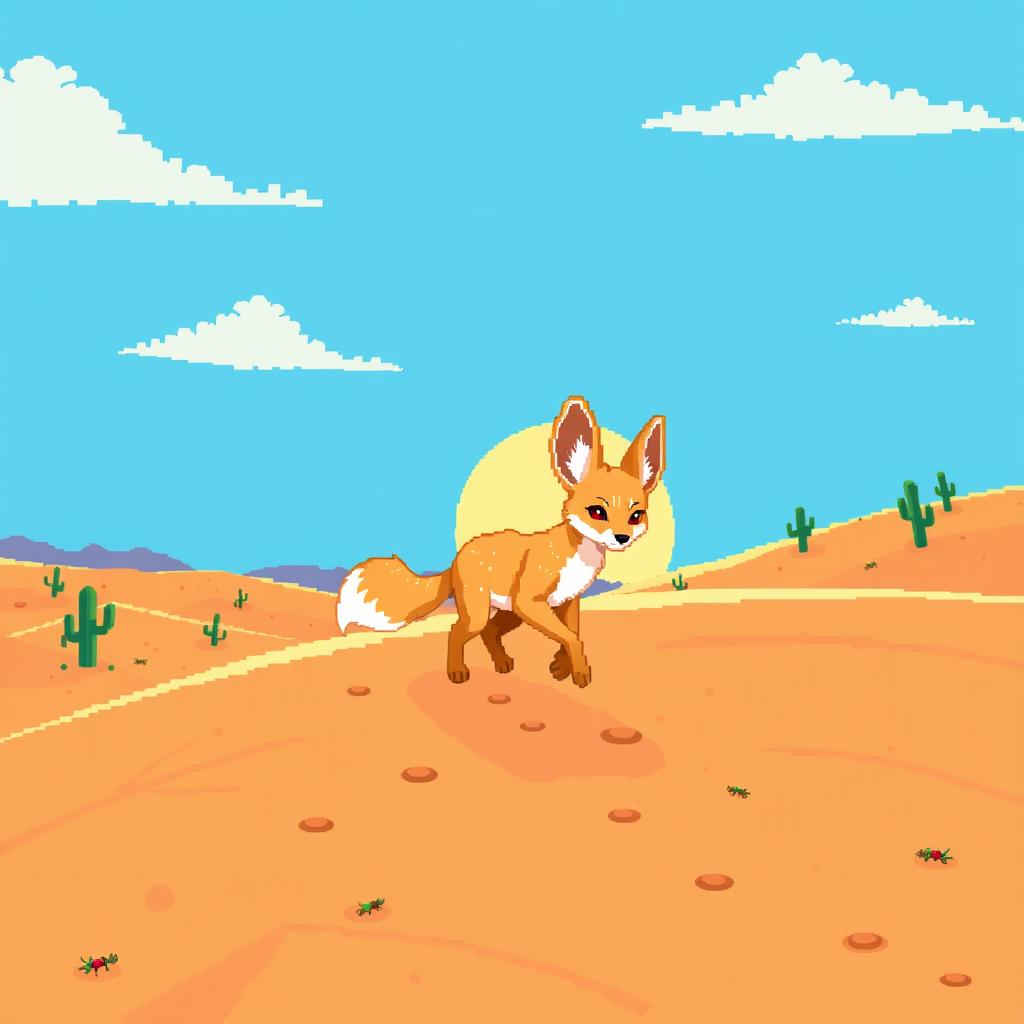 A vibrant pixel art scene depicting a desert landscape with a fennec fox