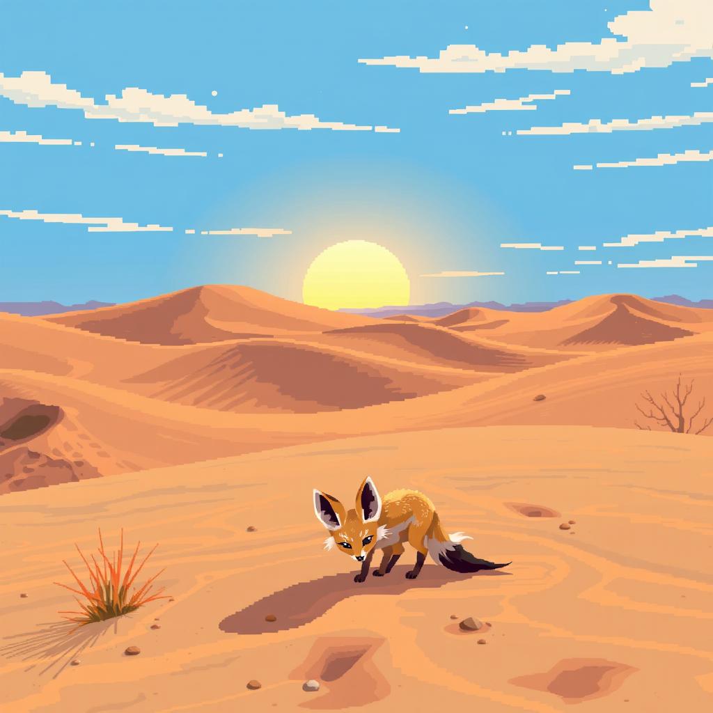 A realistic pixel art depiction of a vast desert landscape featuring rolling sand dunes under a bright blue sky, with sparse vegetation and a warm golden sun setting on the horizon