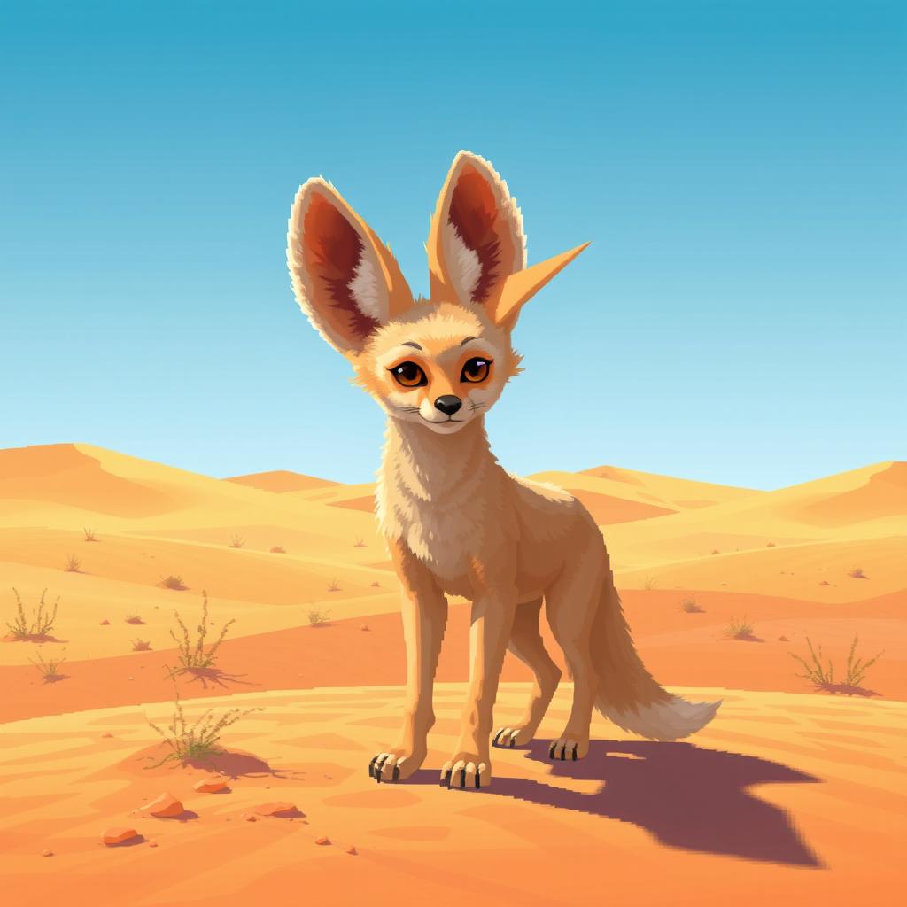 Realistic pixel art depicting a vast desert landscape featuring rolling sand dunes under a bright blue sky