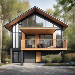 A detailed front view of a Scandinavian Industrial style house utilizing bamboo. The design features precise architectural details outlining sizes, showcasing an exposed structure with white walls, dark metal frameworks, large windows, and bamboo used strategically in fences, decoration, and landscaping.