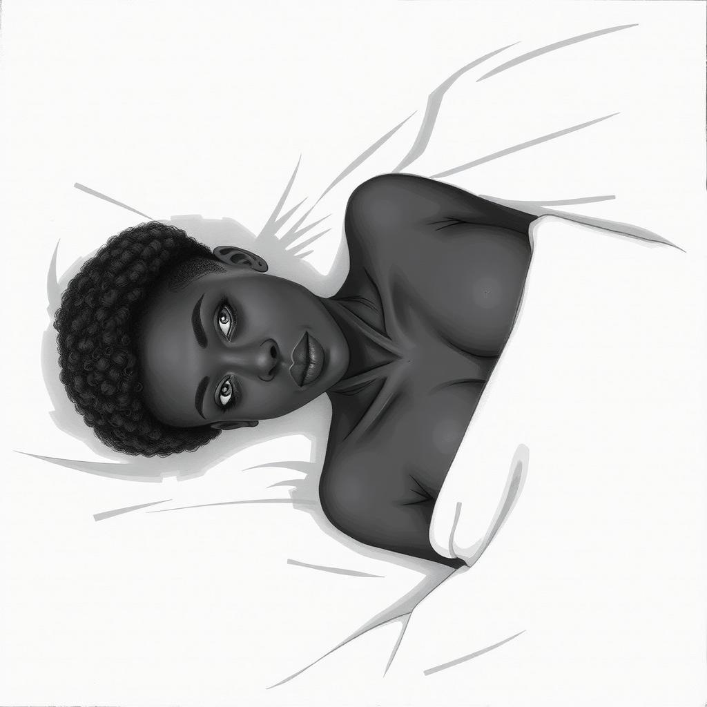 A black woman in a drawing style, with short, curly hair shaved on the sides