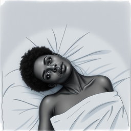 A black woman in a drawing style, with short, curly hair shaved on the sides