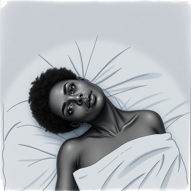 A black woman in a drawing style, with short, curly hair shaved on the sides