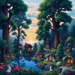 A realistic pixel art world depicting a lush, vibrant landscape filled with towering trees, colorful flowers, and a serene lake reflecting the blue sky