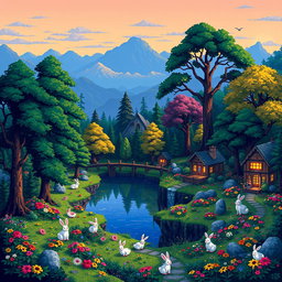 A realistic pixel art world depicting a lush, vibrant landscape filled with towering trees, colorful flowers, and a serene lake reflecting the blue sky