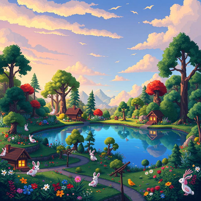 A realistic pixel art world depicting a lush, vibrant landscape filled with towering trees, colorful flowers, and a serene lake reflecting the blue sky