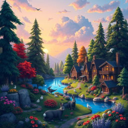 A realistic pixel art world depicting a lush, vibrant landscape filled with towering trees, colorful flowers, and a serene lake reflecting the blue sky