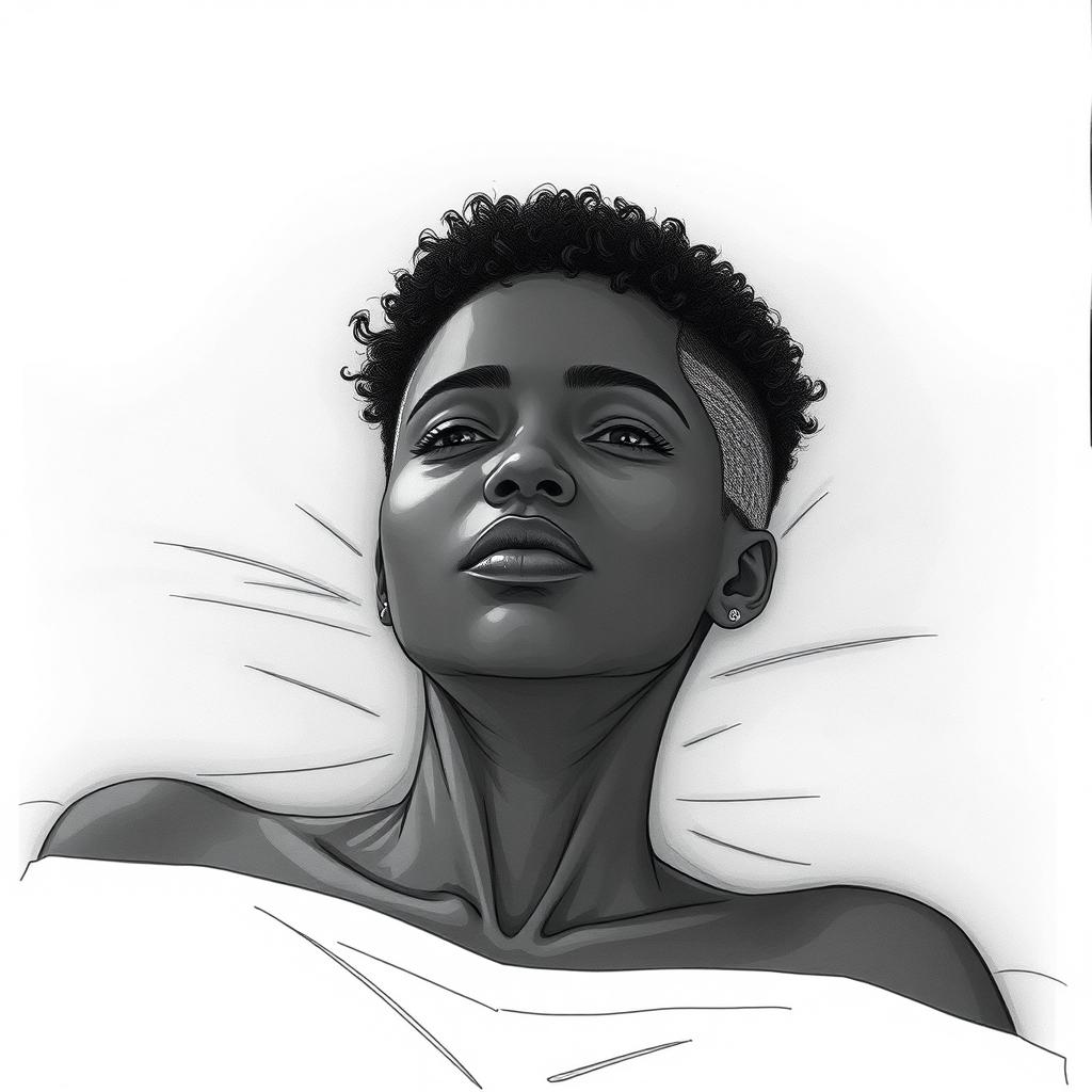 A black woman in a drawing style, featuring short, curly hair shaved on the sides