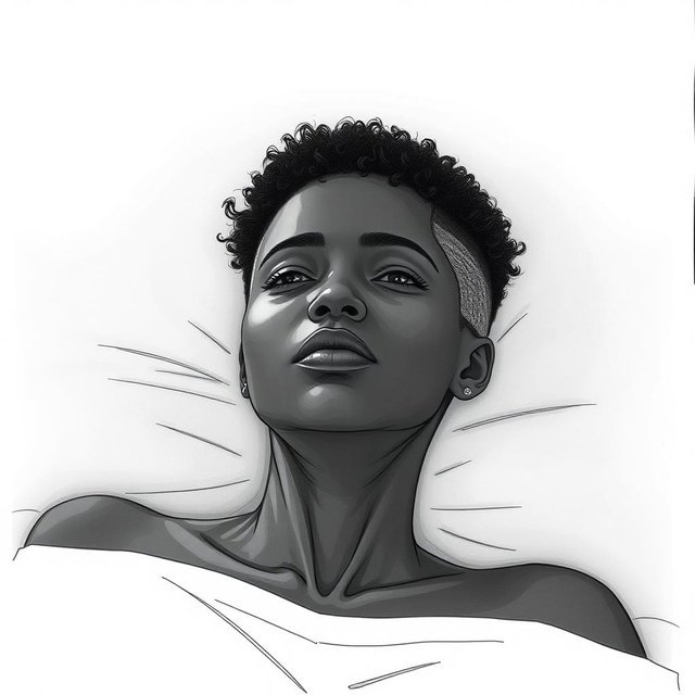 A black woman in a drawing style, featuring short, curly hair shaved on the sides