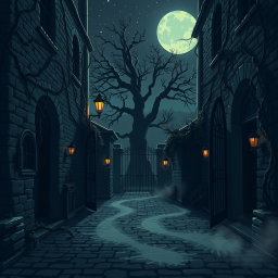 A dark, atmospheric pixel art depiction of a haunted courtyard at night, illuminated by eerie moonlight