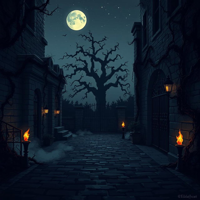 A dark, atmospheric pixel art depiction of a haunted courtyard at night, illuminated by eerie moonlight