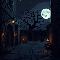 A dark, atmospheric pixel art depiction of a haunted courtyard at night, illuminated by eerie moonlight