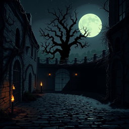 A dark, atmospheric pixel art depiction of a haunted courtyard at night, illuminated by eerie moonlight