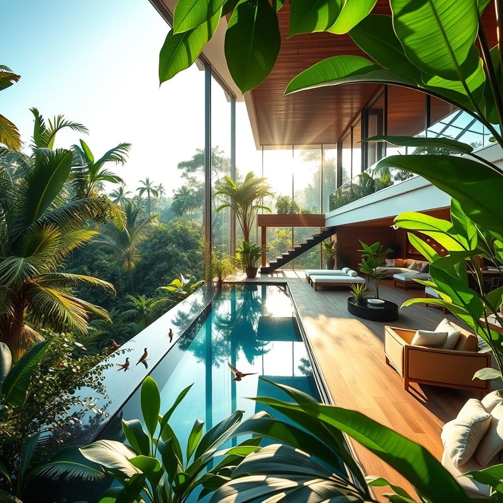A stunning penthouse nestled in a vibrant jungle setting, showcasing large glass windows for an unobstructed view of the lush greenery