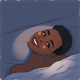 A black woman in a drawing style, with short, curly hair shaved on the sides