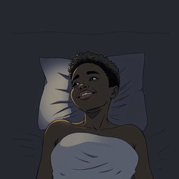 A black woman in a drawing style, with short, curly hair shaved on the sides