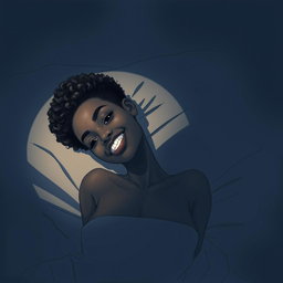 A black woman in a drawing style, with short, curly hair shaved on the sides