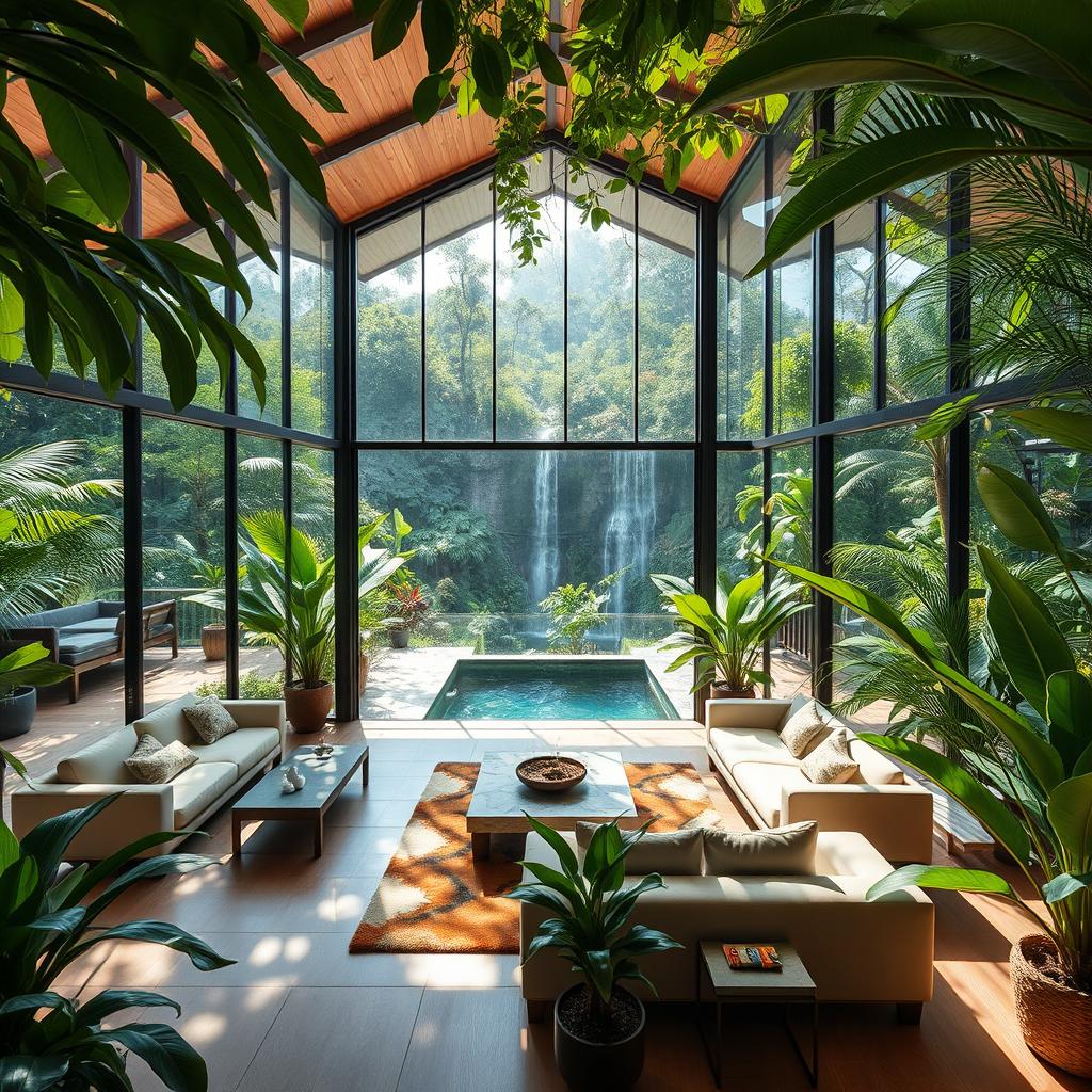 A luxurious penthouse nestled in a lush, vibrant jungle setting, featuring expansive glass walls that offer panoramic views of tropical greenery and a waterfall cascading in the background