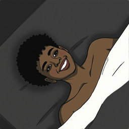 A black woman in a drawing style, with short, curly hair shaved on the sides