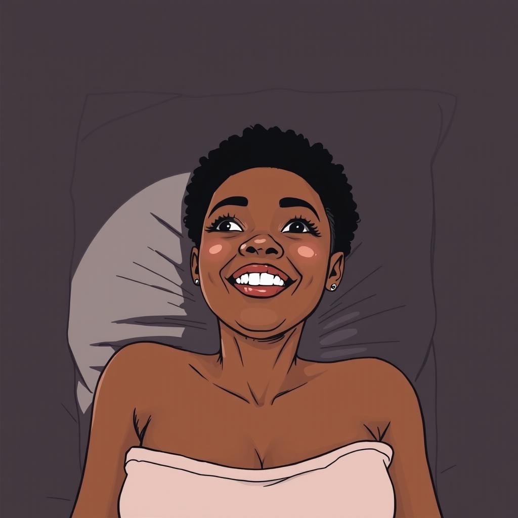 A black woman in a drawing style, with short, curly hair shaved on the sides