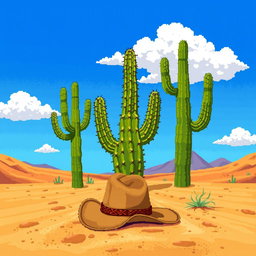 A vivid pixel art representation of a desert scene featuring a large cactus at the center