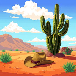 A vivid pixel art representation of a desert scene featuring a large cactus at the center