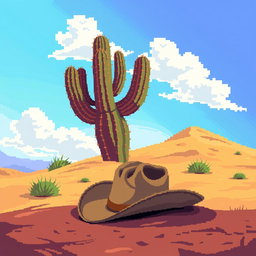 A vivid pixel art representation of a desert scene featuring a large cactus at the center