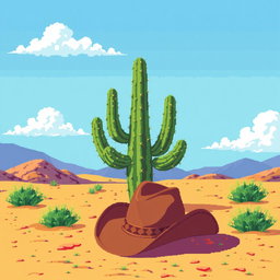 A vivid pixel art representation of a desert scene featuring a large cactus at the center