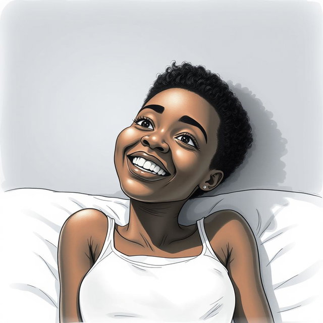 A black woman in a drawing style, with short, curly hair shaved on the sides