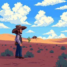A pixel art scene depicting a vast desert landscape with a bright blue sky and fluffy clouds