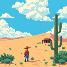 A pixel art scene depicting a vast desert landscape with a bright blue sky and fluffy clouds