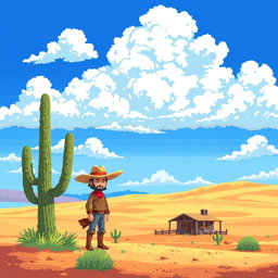 A pixel art scene depicting a vast desert landscape with a bright blue sky and fluffy clouds