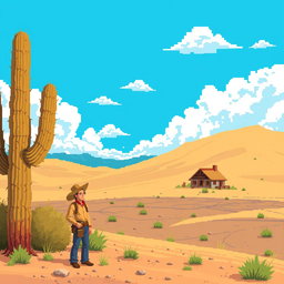 A pixel art scene depicting a vast desert landscape with a bright blue sky and fluffy clouds