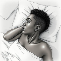 A black woman in a drawing style, featuring short, curly hair shaved on the sides