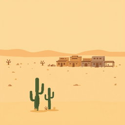 A minimalist pixel art scene depicting a desert town surrounded by vast wasteland