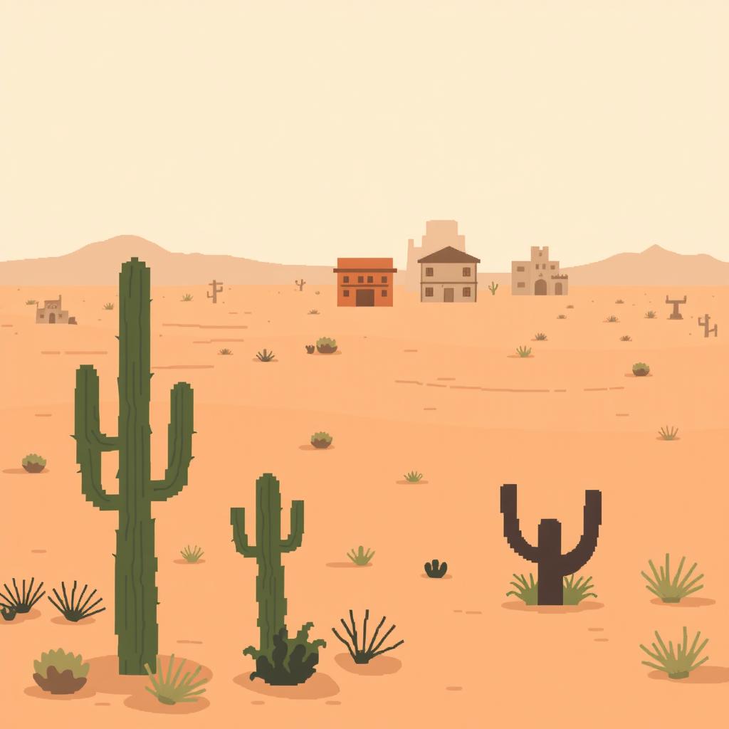 A minimalist pixel art scene depicting a desert town surrounded by vast wasteland