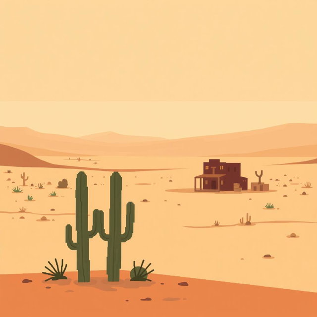 A minimalist pixel art scene depicting a desert town surrounded by vast wasteland
