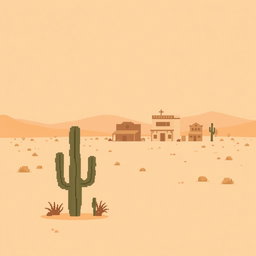 A minimalist pixel art scene depicting a desert town surrounded by vast wasteland