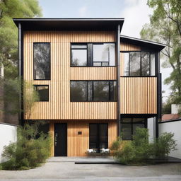 A detailed front view of a Scandinavian Industrial style house utilizing bamboo. The design features precise architectural details outlining sizes, showcasing an exposed structure with white walls, dark metal frameworks, large windows, and bamboo used strategically in fences, decoration, and landscaping.