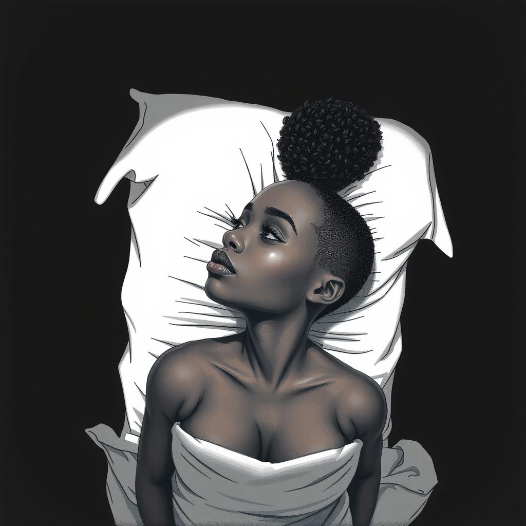 A black woman in a drawing style, featuring short, curly hair shaved on the sides
