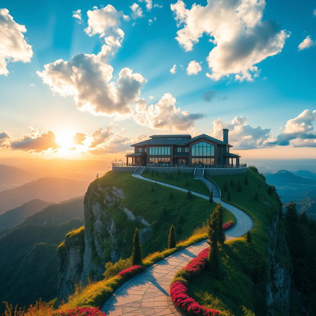 A stunning mansion perched on top of a majestic mountain, surrounded by lush greenery and breathtaking panoramic views