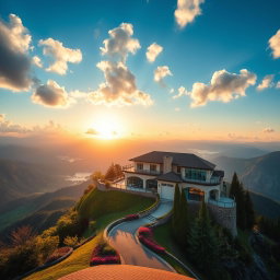 A stunning mansion perched on top of a majestic mountain, surrounded by lush greenery and breathtaking panoramic views